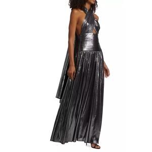 BRONX AND BANCO Metallic Dress Florence Halterneck Gown Cutout Gunmetal Gray 8 L